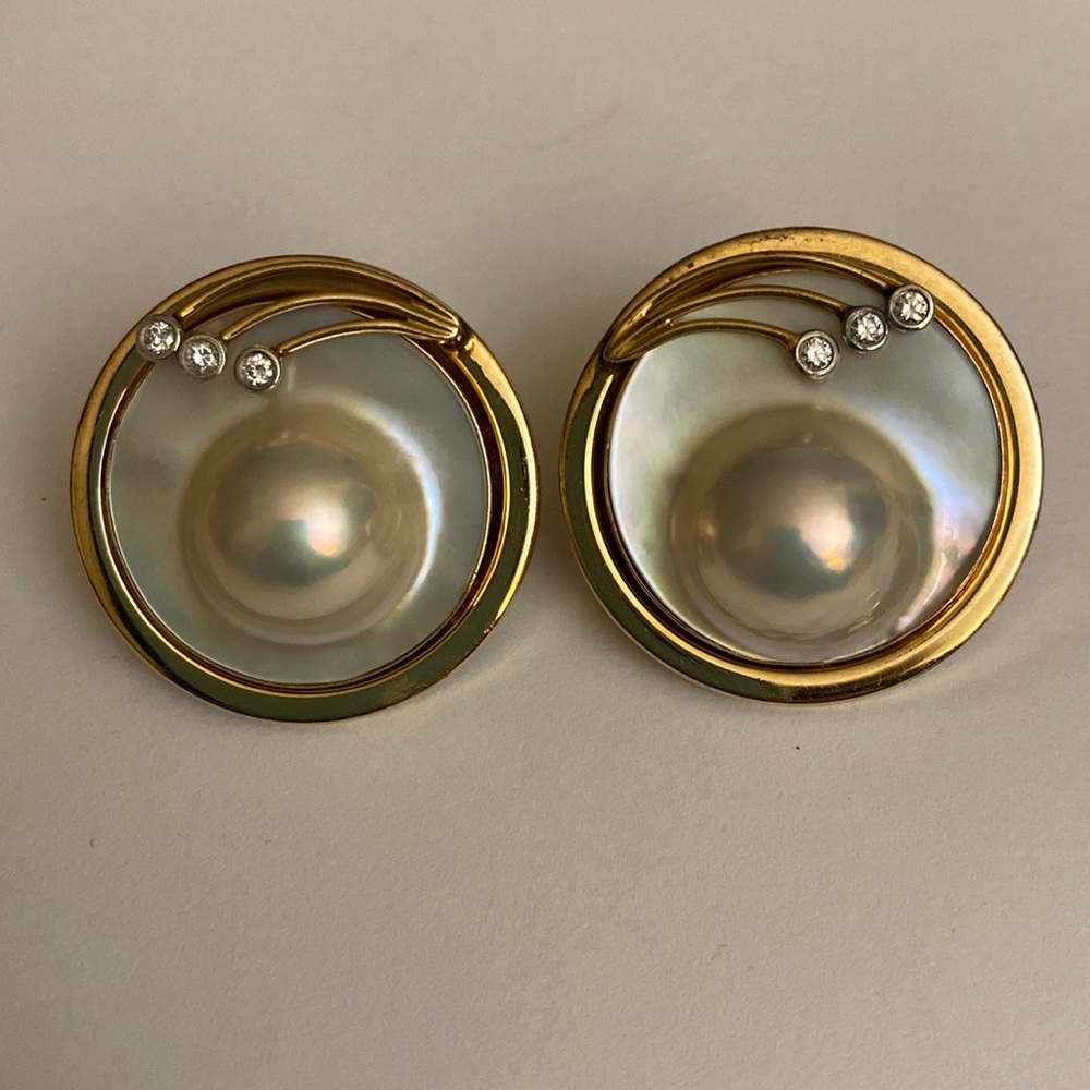 14K Gold Blister Pearl Earrings Diamond Accents